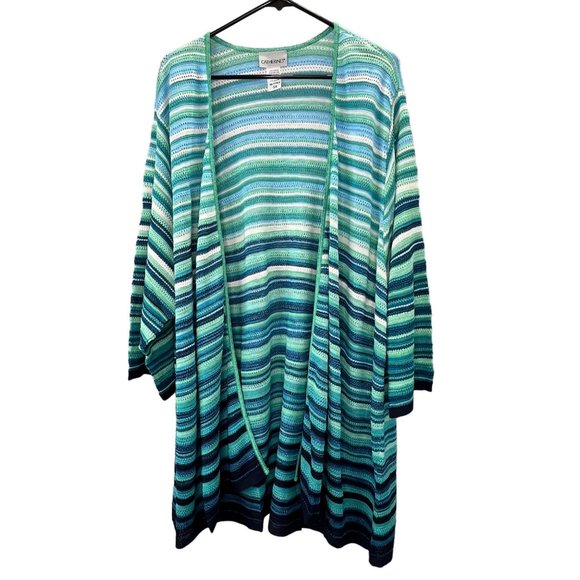 Catherines Cardigan Sweater Plus Size 5X Teal Aqua Stripe Lightweight Long NWOT - Picture 1 of 6